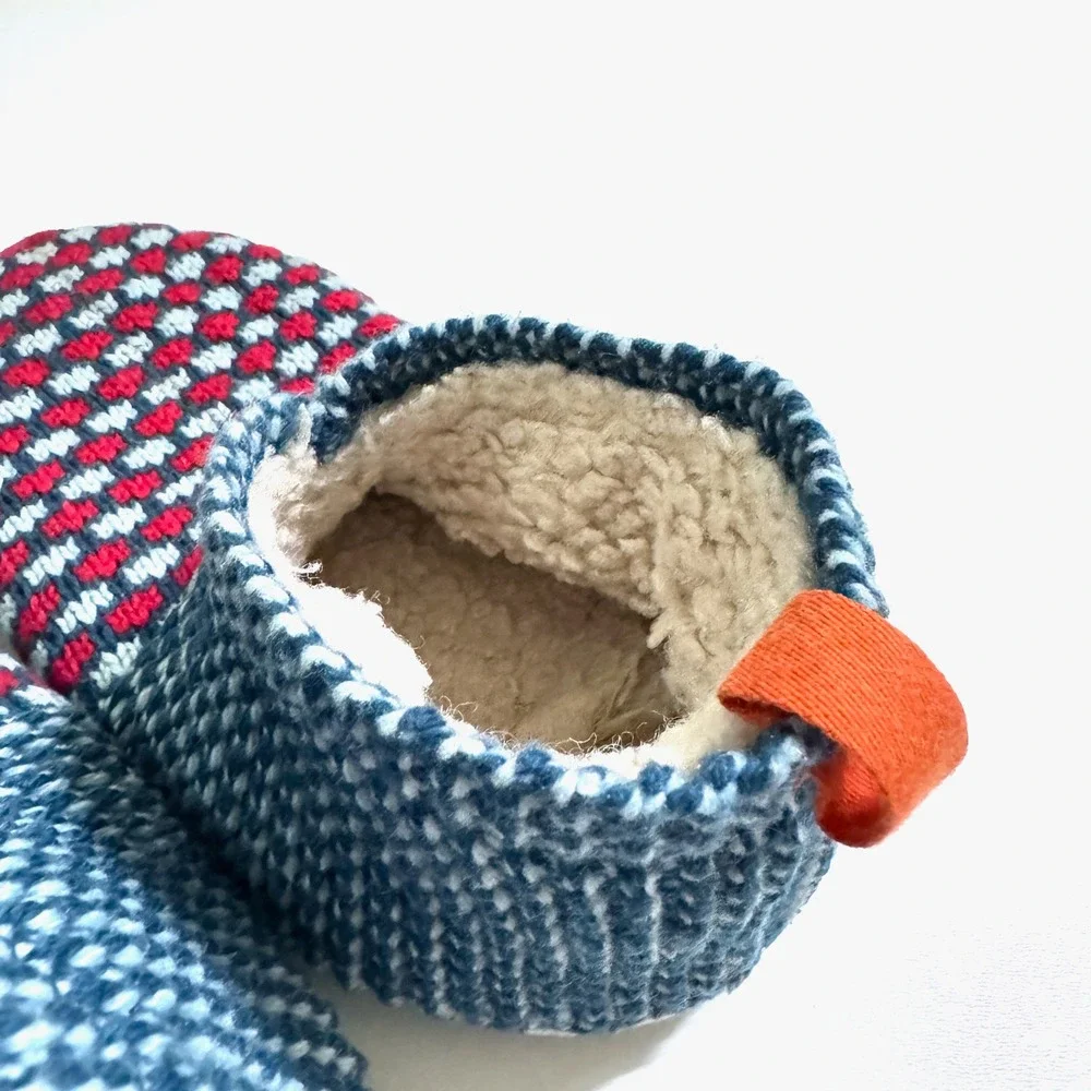 Bombas Gripper Slippers Kids 11-13 Blue Red Knit Sherpa Lined House Shoes
